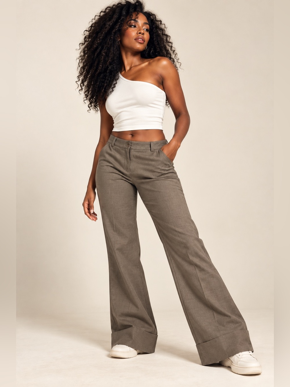 Lane Bryant Size 24 Tall Brown Wide Leg Cuffed Dress Pants Stretch